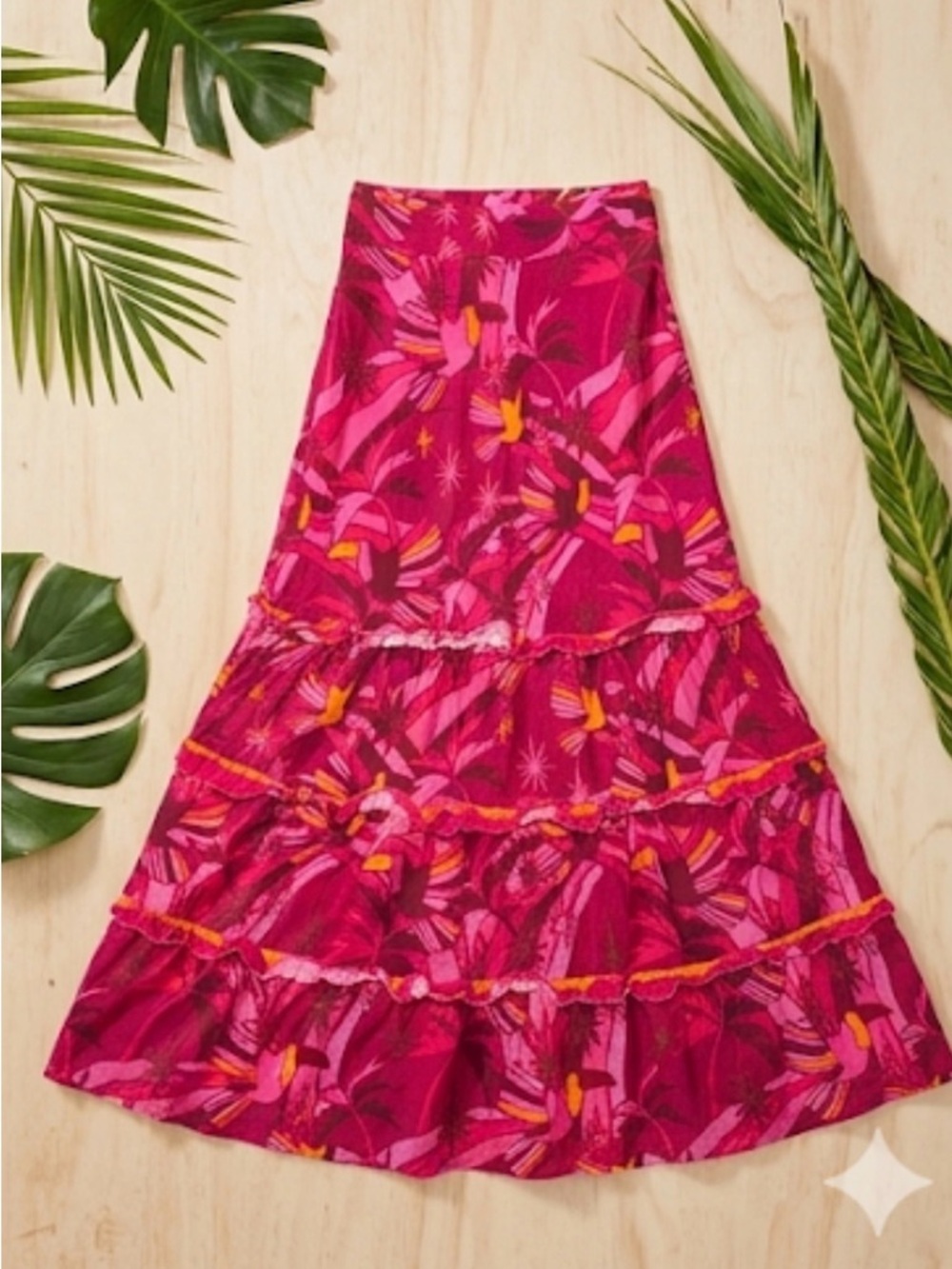 FARM Rio Fuchsia Pink Tropical Tiered Maxi Skirt
